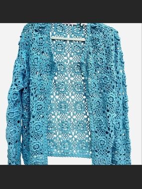 Blue Crochet Open-Front Women's Sweater